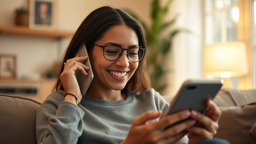 Person looking at savings account on phone with genuine smile of relief, sitting in comfortable home space, warm lighting, representing financial security and peace of mind achieved