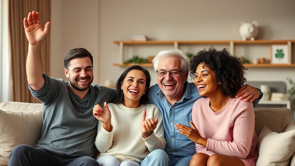 A family celebrating together in a modern living room, smiling, with visual elements suggesting financial security like a piggy bank or savings tracker on a shelf in background, warm lighting
