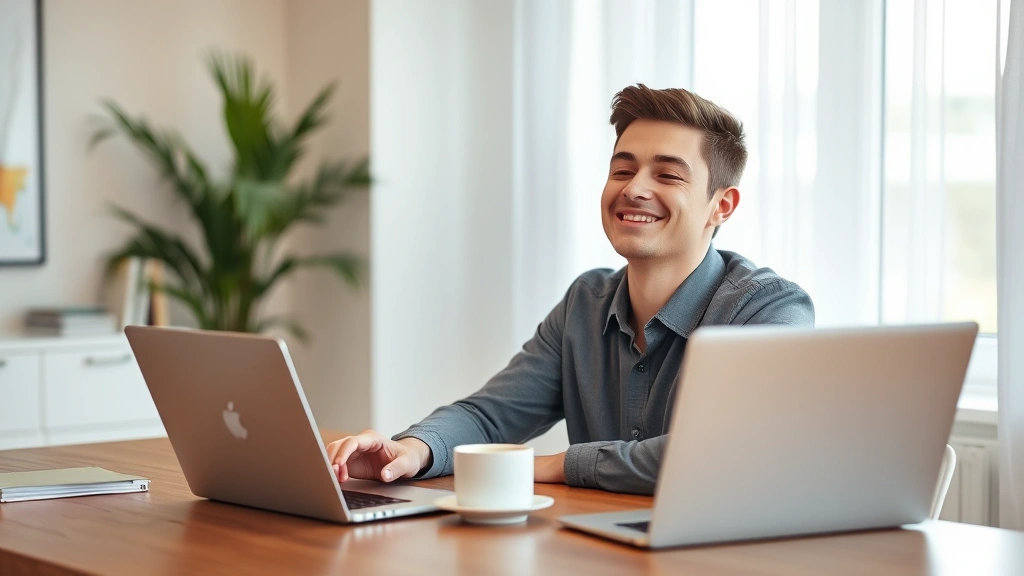 Young professional sitting at a calm desk with a laptop and coffee, looking relieved and confident, modern home office setting, warm lighting, peaceful expression showing financial security and peace of mind