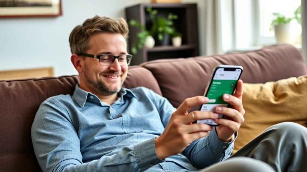 Person reviewing a savings tracker on their phone with a happy smile, sitting on a couch in casual home setting, natural daylight, showing progress and achievement in building savings