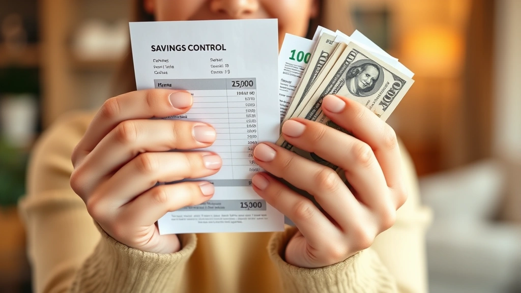 Close-up of hands holding cash or a bank statement with a smile, warm home background, showing accomplishment and financial control, genuine happiness about savings goals