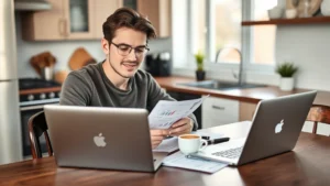 Young professional sitting at kitchen table with laptop and coffee, reviewing budget spreadsheet with a focused but relaxed expression, natural morning light