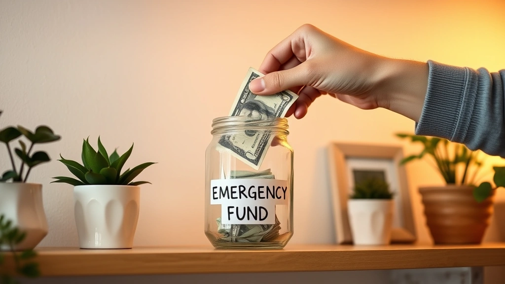 Person putting money into a clear glass jar labeled 'Emergency Fund' on a shelf, surrounded by plants and home decor, warm indoor lighting