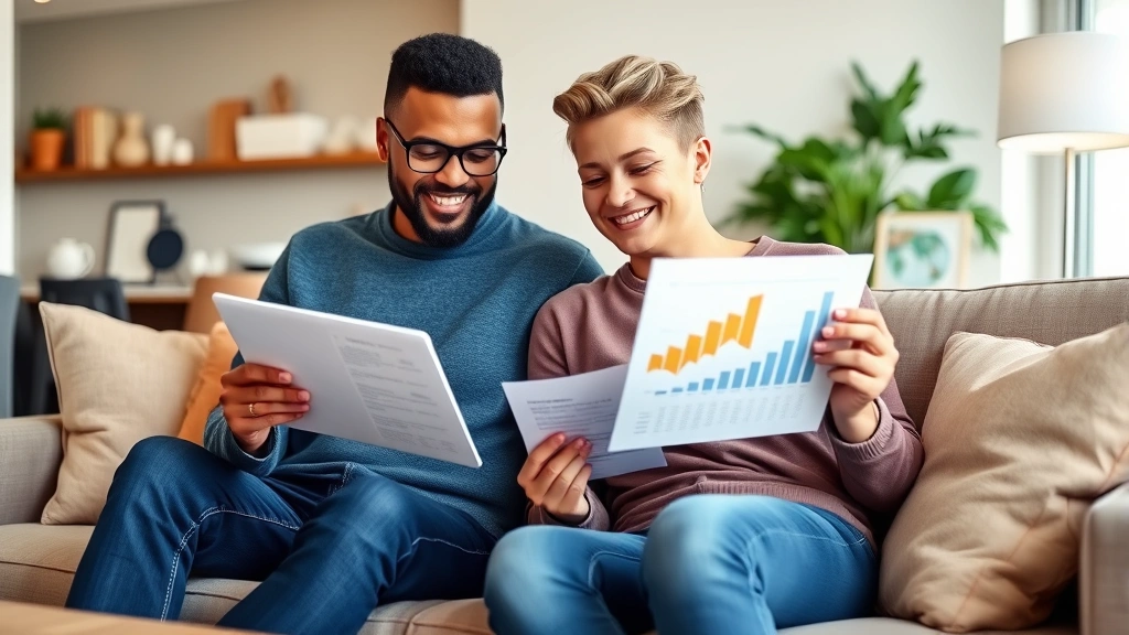 Diverse couple reviewing financial documents and growth chart together on tablet, sitting on couch with genuine smiles, modern living room setting