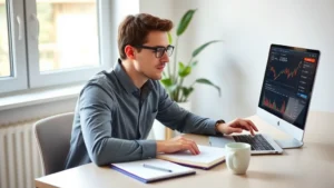 Person sitting at a modern home desk with laptop and notebook, coffee cup nearby, looking at financial data on screen with a focused but calm expression, natural daylight from window, minimalist workspace with plant in background