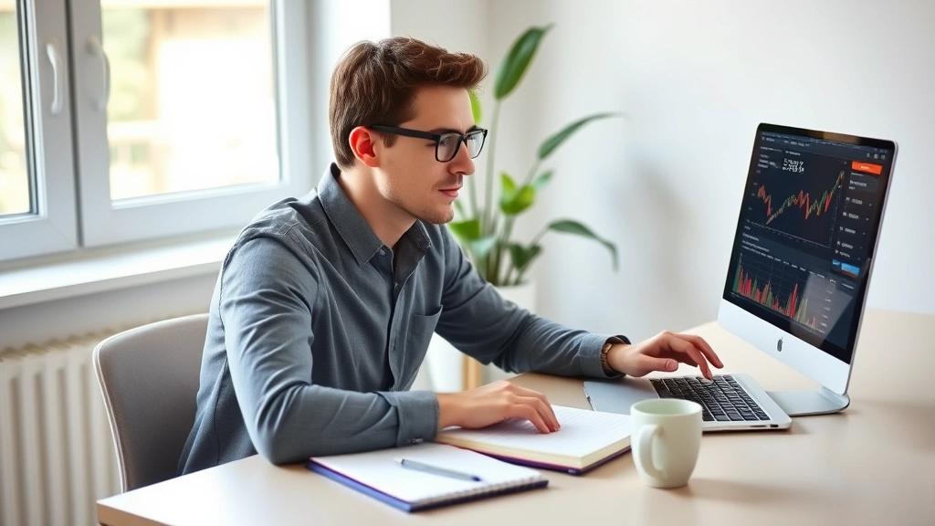 Person sitting at a modern home desk with laptop and notebook, coffee cup nearby, looking at financial data on screen with a focused but calm expression, natural daylight from window, minimalist workspace with plant in background