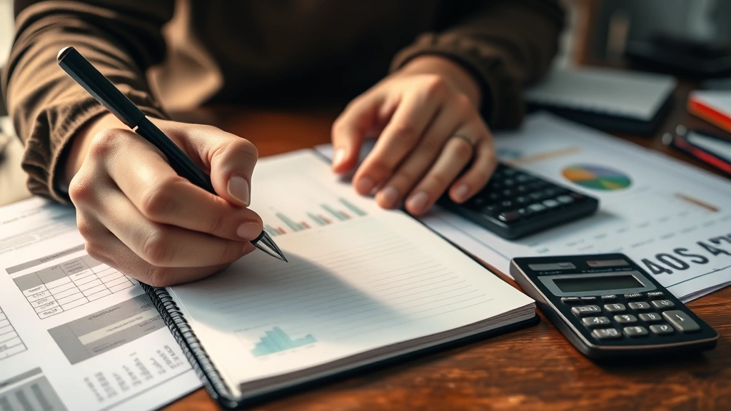 Close-up of hands writing in a notebook with a pen, financial documents and calculator visible on desk, warm lighting, organized but lived-in workspace showing someone actively engaged in personal finance planning