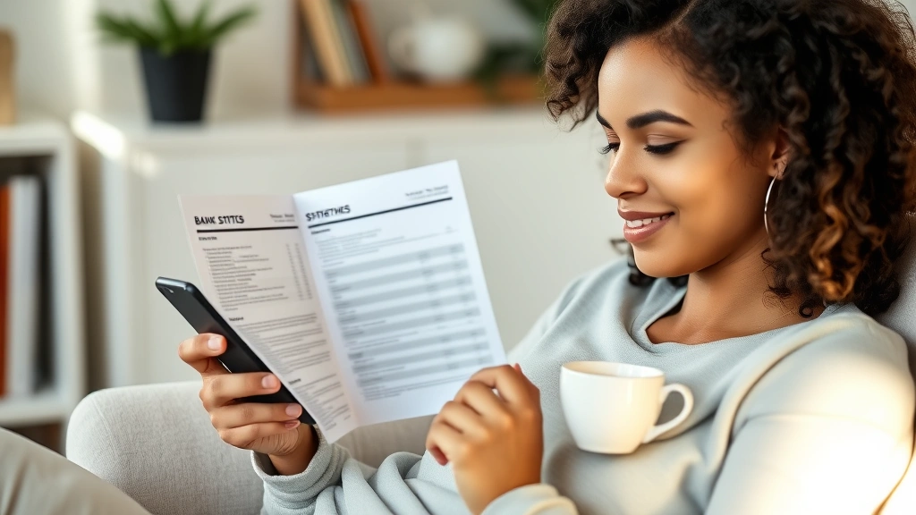Young adult reviewing bank statements on phone while sitting in comfortable chair with cup of tea, relaxed home setting, natural expression of understanding and clarity, afternoon lighting, cozy but professional atmosphere