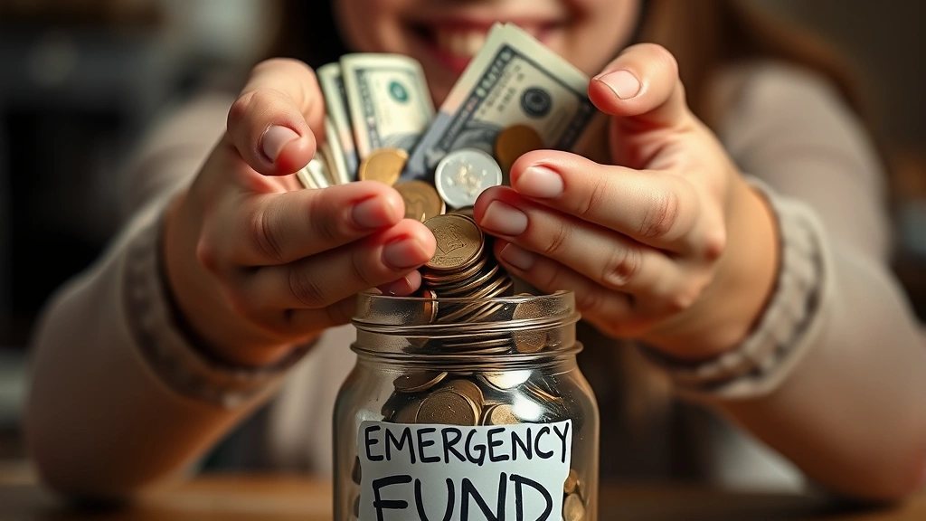 Close-up of hands holding cash and coins over a jar labeled emergency fund, warm lighting, person smiling with relief