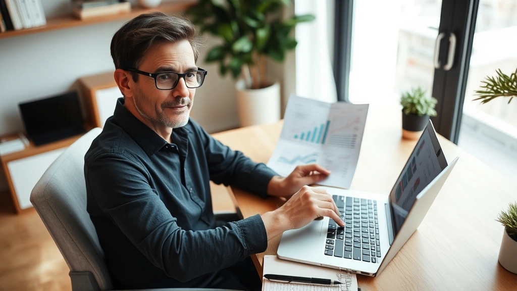 Person sitting at a desk with a laptop and notebook, reviewing financial documents and budget spreadsheets, natural daylight, calm and focused expression, modern home office setting