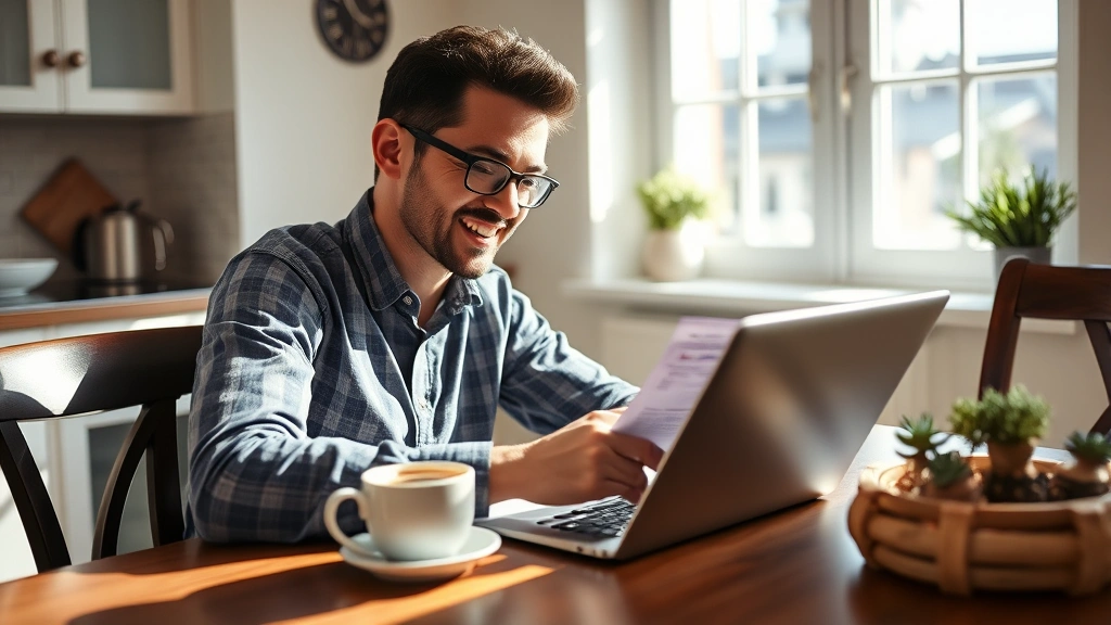 Person sitting at kitchen table reviewing bank statements and budget spreadsheet on laptop, cup of coffee nearby, morning sunlight through window, relieved expression, realistic photography