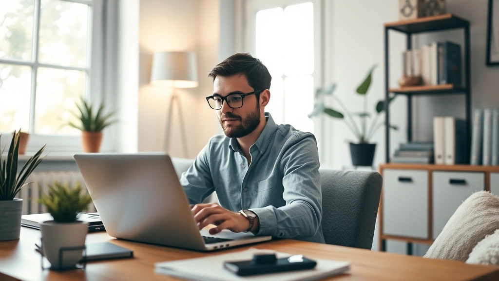 Person setting up automatic transfers on a laptop in a cozy home office, focused expression, natural daylight through window