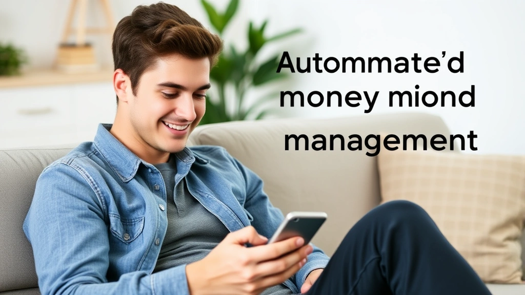 Young adult checking their phone with a satisfied expression, sitting on a couch with a coffee, representing financial peace of mind and automated money management