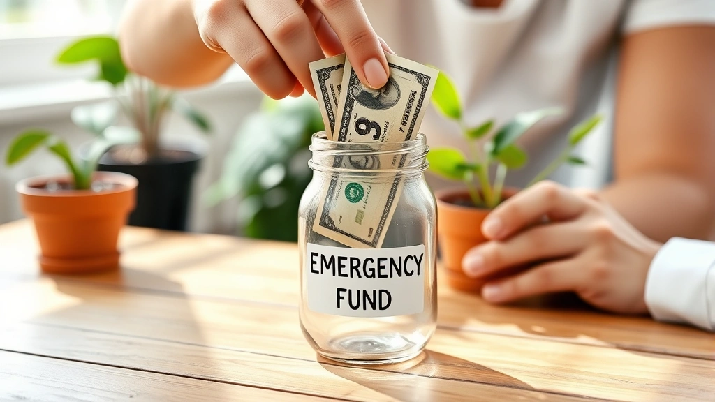 Person putting cash into a clear glass jar labeled 'Emergency Fund' on a wooden table with plants and natural light, representing savings growth and financial security