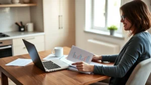 Person sitting at a kitchen table with a laptop and coffee, reviewing financial documents and notes, natural daylight from window, relaxed but focused expression, modern minimalist home setting