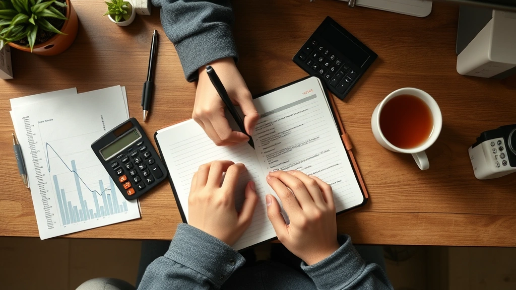Overhead shot of hands writing in a notebook with a calculator and pen nearby, budgeting notes visible but not legible, cup of tea, warm home office lighting, organized workspace
