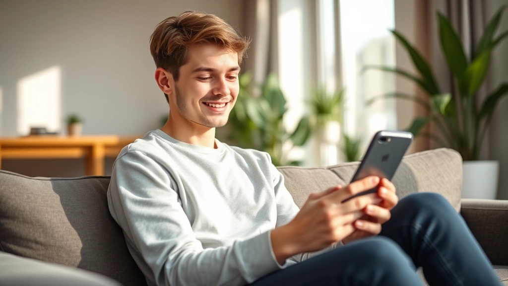 Young adult looking at their phone with a satisfied smile, sitting on a couch with plants in background, modern apartment setting, natural sunlight, peaceful and accomplished feeling