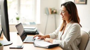 Young woman sitting at a desk with a laptop and notebook, smiling while reviewing financial data on screen, natural lighting, home office setting, relaxed but focused expression