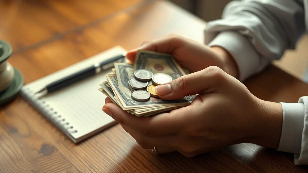Close-up of hands holding a small stack of cash and coins over a wooden table with a notebook and pen nearby, warm natural lighting, realistic