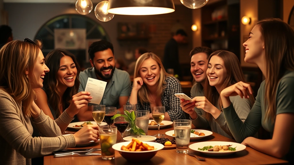 Diverse group of friends at a casual dinner table laughing together, one person holding a receipt or looking at phone, warm ambient lighting, genuine candid moment, celebrating small financial wins