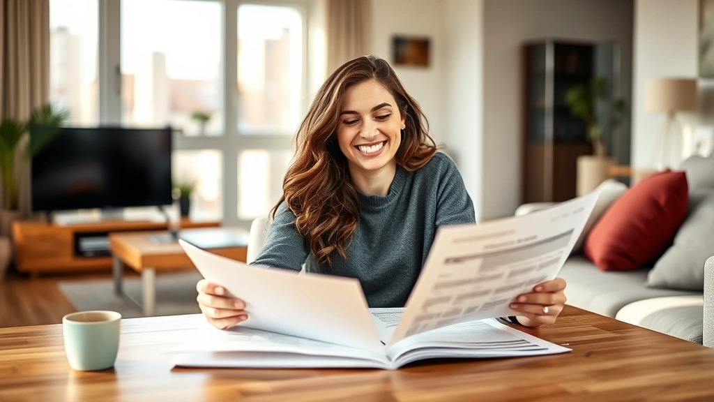 Person sitting at a coffee table looking relieved and confident while reviewing financial documents, bright modern apartment interior, candid moment