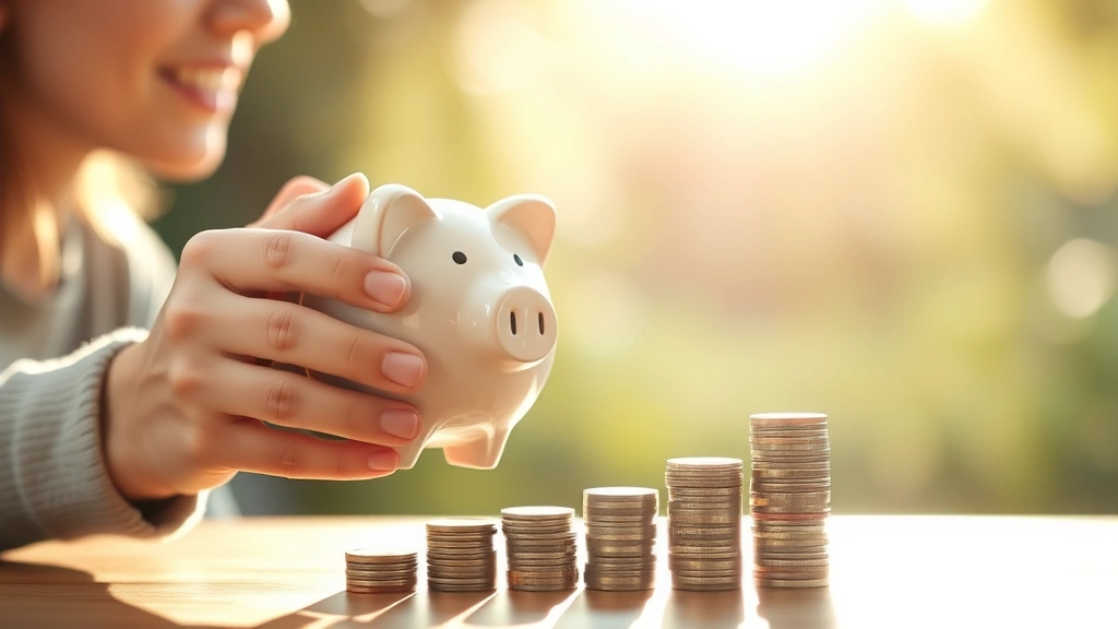 Person holding a piggy bank and looking at growing stack of coins in front of them, morning sunlight, hopeful expression, representing savings growth and financial progress