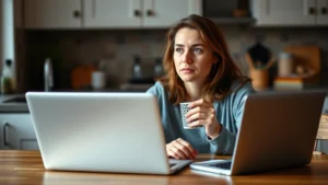 Person sitting at kitchen table with laptop and notebook, holding a coffee cup, looking thoughtful and determined about budgeting. Warm lighting, casual home setting, real person, no financial documents visible.