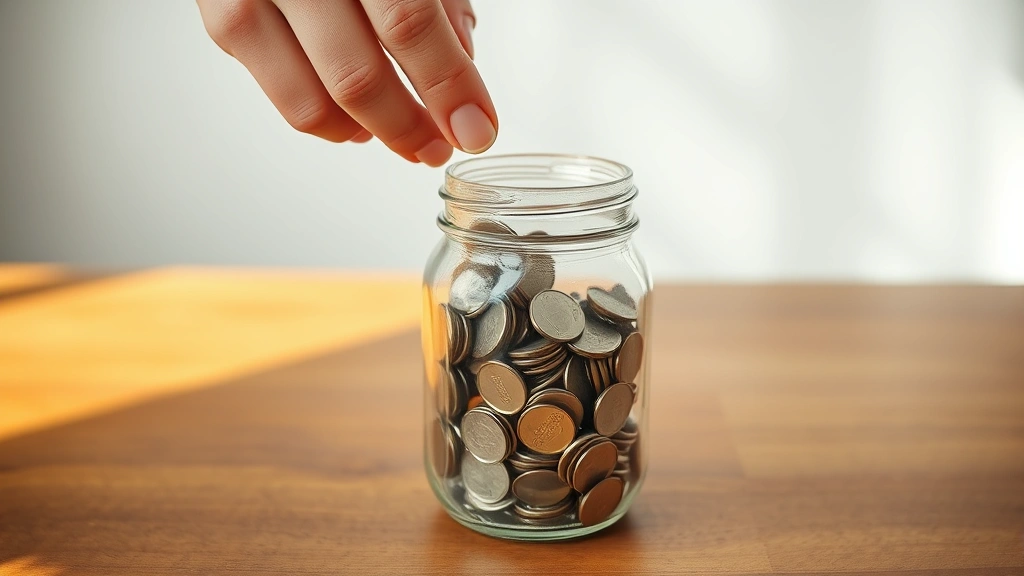 Close-up of hands putting coins into a clear glass jar on a wooden table, sunlight streaming in. Shows incremental saving progress, hopeful mood, clean minimalist background.