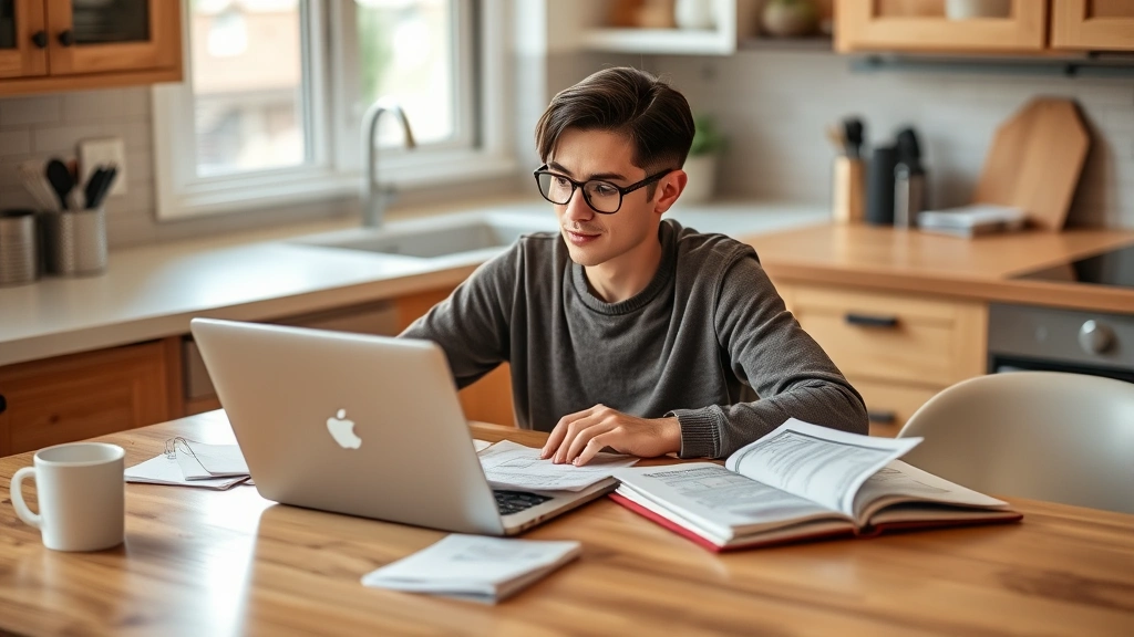 Person sitting at a kitchen table with a laptop and notebook, reviewing financial documents and planning, warm natural lighting, calm and focused expression, coffee mug nearby