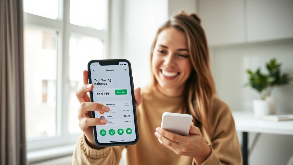 Young adult looking at their phone with a satisfied smile, showing a banking app with growing savings balance, modern apartment setting, natural daylight