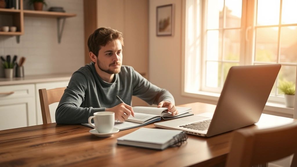 Person sitting at kitchen table with laptop, notebook, and coffee cup, concentrating on financial planning with warm natural light streaming through window, relaxed but focused