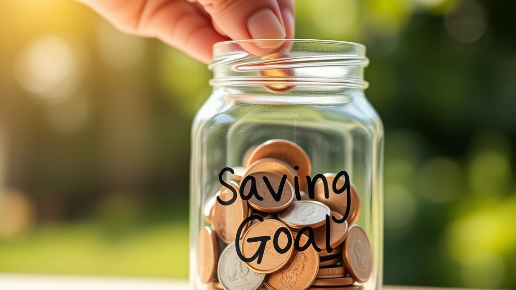 Hand placing coins into a clear glass jar with handwritten savings goal label, sunny natural lighting, close-up shot showing progress