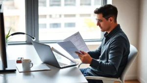A person sitting at a modern desk with a laptop and notebook, reviewing financial documents with a focused, determined expression. Natural lighting from a window. Coffee cup nearby. Organized, minimalist workspace. Photorealistic.