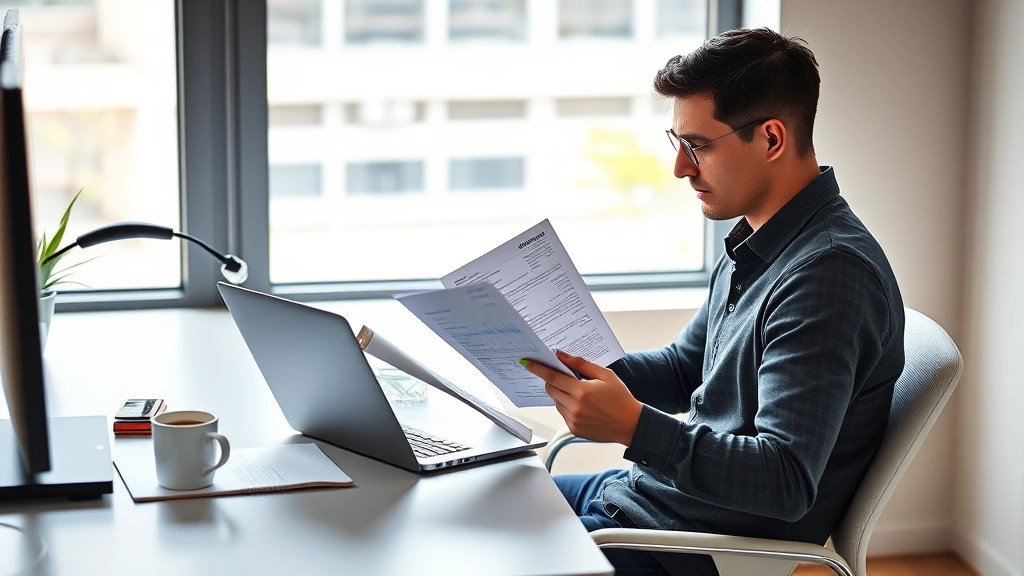A person sitting at a modern desk with a laptop and notebook, reviewing financial documents with a focused, determined expression. Natural lighting from a window. Coffee cup nearby. Organized, minimalist workspace. Photorealistic.