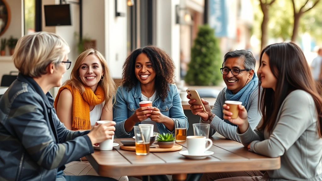 A diverse group of friends having coffee and conversation at a café table outdoors. Natural, candid moment. Represents enjoying life while being financially conscious. Bright daylight, relaxed atmosphere. Photorealistic.