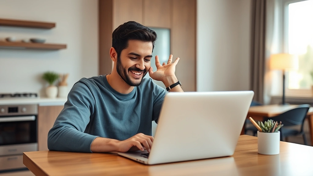 Person sitting at kitchen table looking relieved while checking savings account on laptop, warm lighting, relaxed body language, modern apartment setting