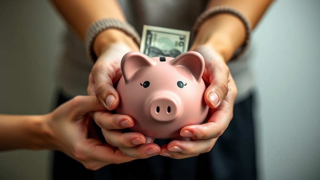 Close-up of hands holding cash and piggy bank together, natural lighting, diverse hands, peaceful expression, minimalist background