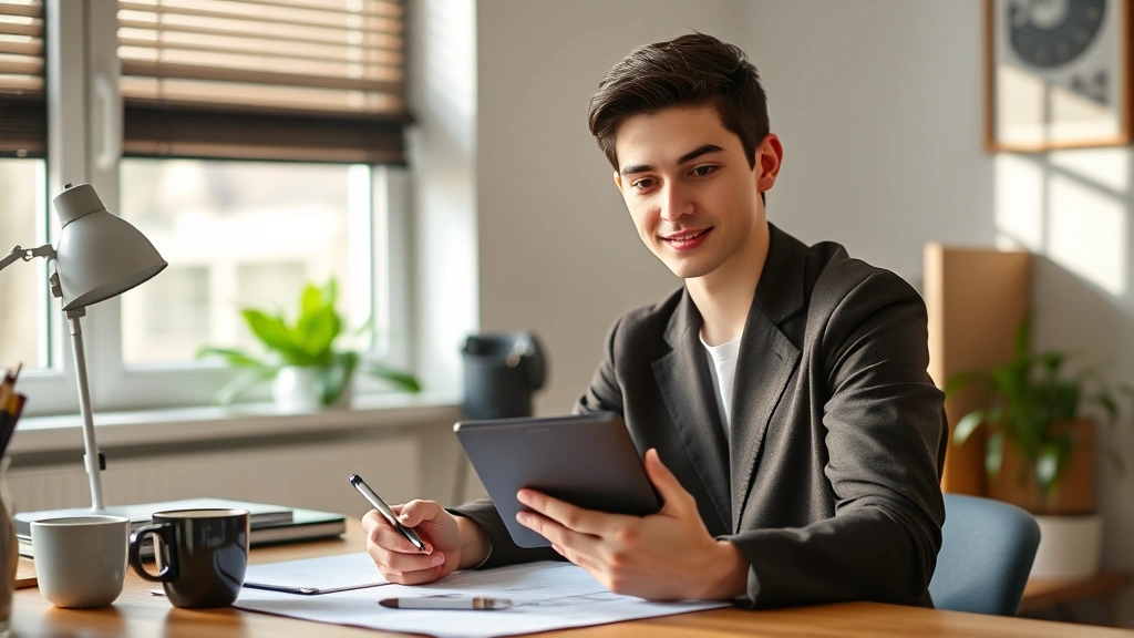Young professional looking confident while reviewing budget on tablet in home office, organized desk with coffee, calm expression, natural window light