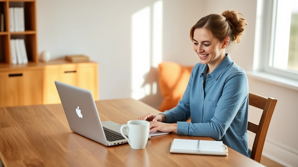 A woman sitting at a wooden desk with a laptop, coffee cup, and notebook, smiling while reviewing her monthly budget on a calm, well-lit morning—representing the empowering moment of taking financial control