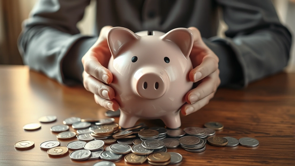 A person's hands holding a piggy bank over a table with coins scattered around, representing savings and emergency funds, soft warm lighting, realistic and encouraging mood