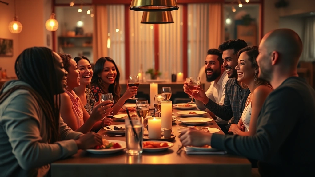 A diverse group of friends laughing together at a casual dinner table with food and drinks, warm ambient lighting, joyful atmosphere, representing enjoying life while managing money responsibly