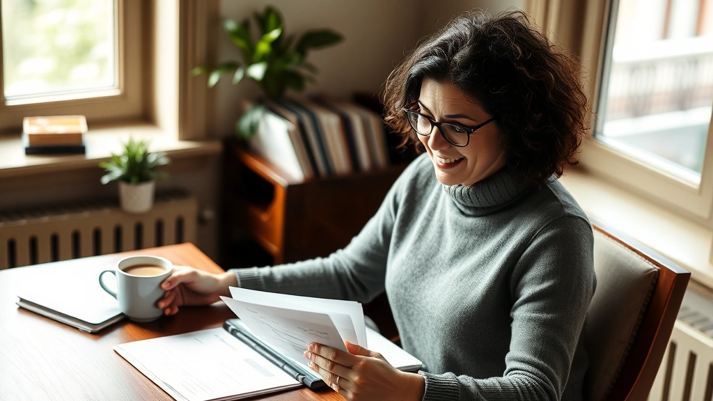 Person sitting at a cozy desk with a notebook and coffee, reviewing financial documents with a focused but relaxed expression, natural window light, warm and approachable atmosphere