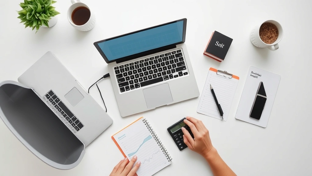 Overhead shot of a clean workspace with a laptop, notebook, and pen, showing someone planning their budget with a calculator visible, modern minimalist setup, soft natural lighting