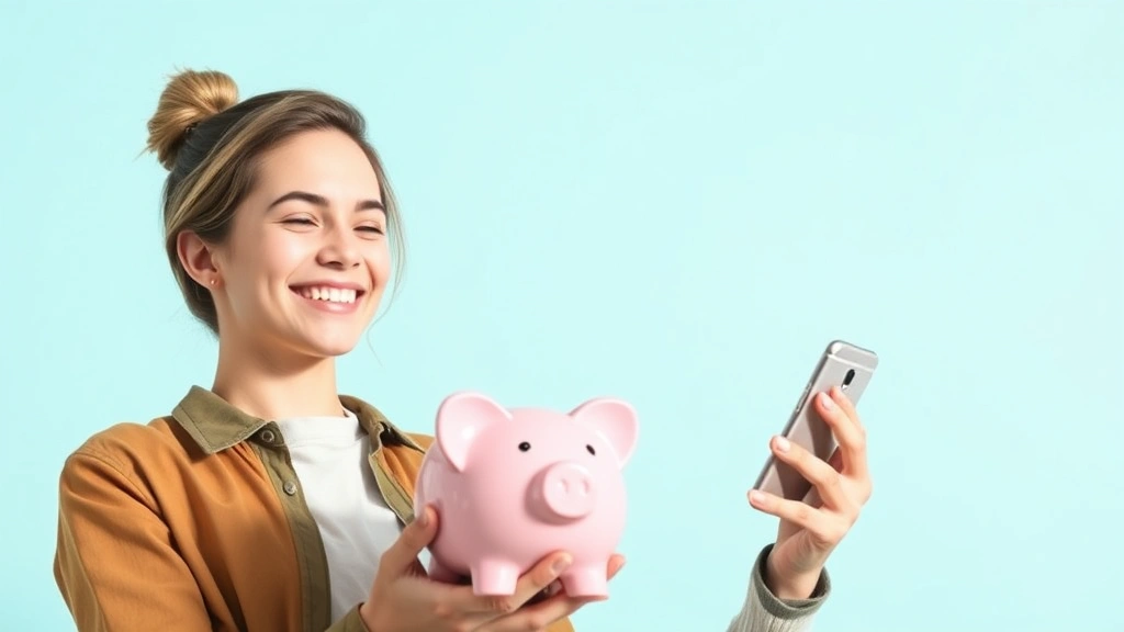 Young adult looking confident and relieved, holding a piggy bank or looking at their phone with a positive expression, bright background, representing financial peace of mind and accomplishment