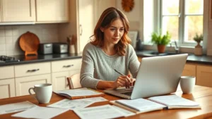 Woman sitting at kitchen table with laptop and notebook, reviewing monthly budget and financial documents, warm natural lighting, focused expression, coffee cup nearby, organized papers scattered, realistic home setting