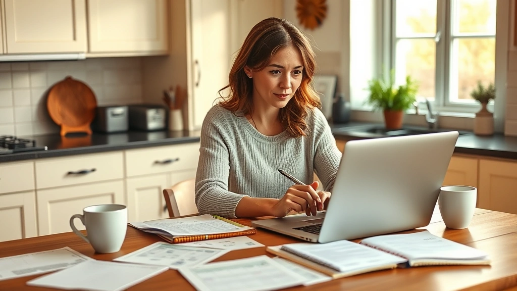 Woman sitting at kitchen table with laptop and notebook, reviewing monthly budget and financial documents, warm natural lighting, focused expression, coffee cup nearby, organized papers scattered, realistic home setting