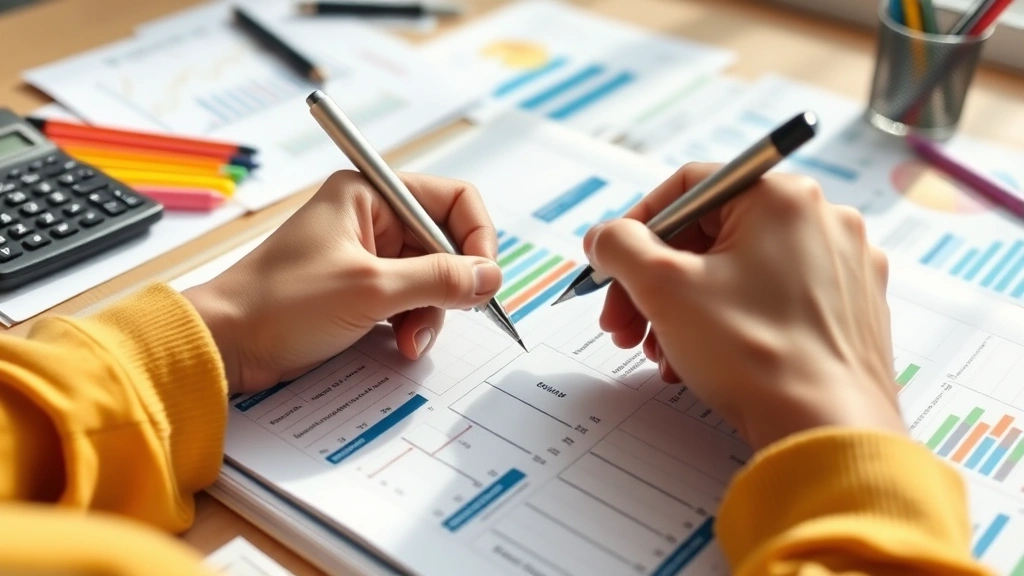 Close-up of hands writing in budget planner with colorful markers and charts, calculator visible, financial planning documents, natural daylight, organized workspace with pen holder, realistic detail-focused composition