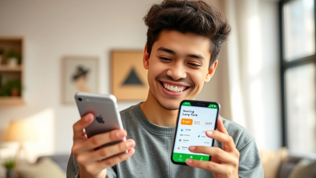 Young person looking happy and relieved while checking phone banking app showing savings growth, bright background, genuine smile, casual comfortable clothing, modern apartment setting, celebrating financial progress milestone