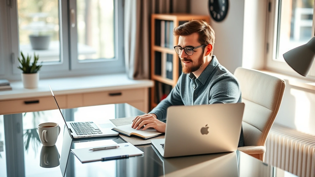 Person sitting at a modern desk with a laptop and notebook, looking relaxed and focused while managing finances, warm natural lighting, coffee cup nearby, calm home office environment