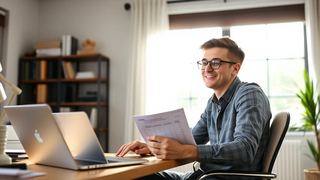 Young professional sitting at a desk looking relieved while reviewing a budget spreadsheet on a laptop, morning sunlight streaming through the window, casual home office setting, genuine expression of financial progress and control